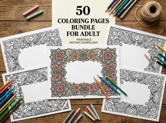 Beautiful Floral Mandala Frame Coloring: 50 Elegant Designs