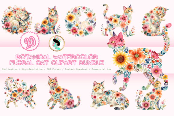 Botanical Floral Cat Clipart: A Whimsical Design Collection