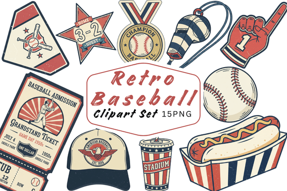 Retro Baseball Clipart Set: 15 Vintage PNGs for Design