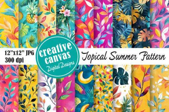 Summer Leaves & Fruit Digital Paper: Vibrant Patterns for Creative Projects
