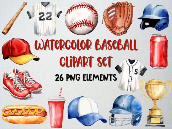 Watercolor Baseball Clipart Set: 26 High-Res PNGs