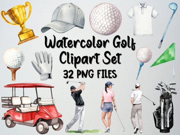 Watercolor Golf Clipart Set: 32 PNGs for Creative Projects