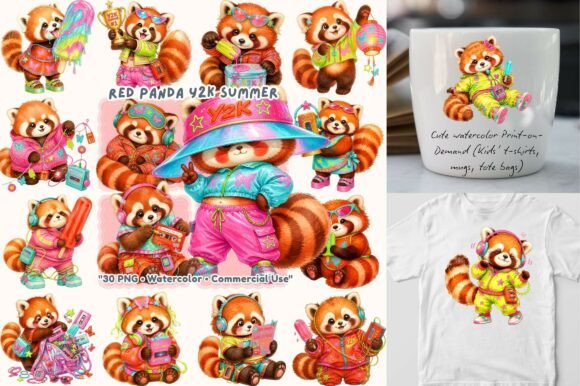 Y2K Summer Red Panda Watercolor: A Nostalgic Design Asset